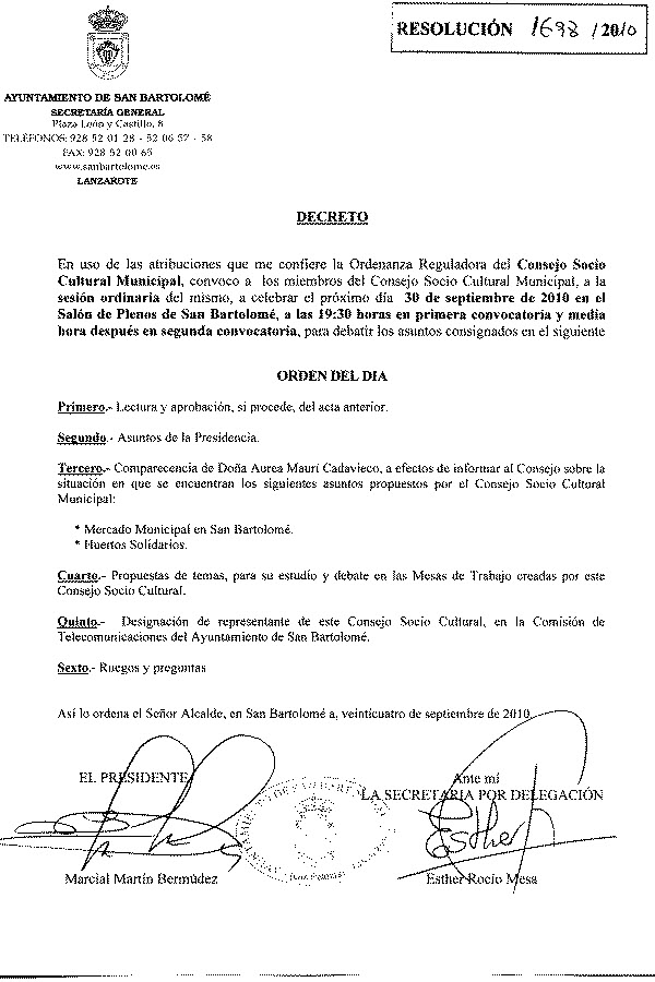 CONVOCATORIA A SESIÓN ORDINARIA DEL CONSEJO SOCIOCULTURAL MUNICIPAL A CELEBRAR EL DÍA 30 DE SEPTIEMBRE DE 2010